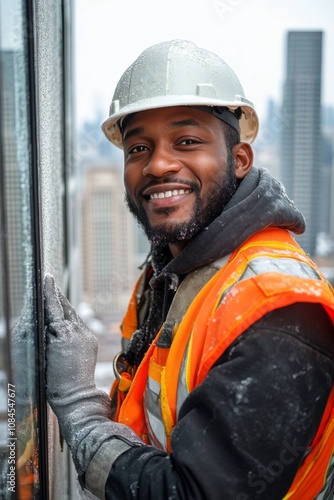 Construction worker smiles while working in the rain on a city building durin...