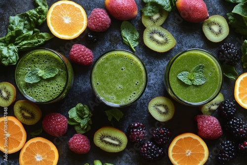 Vibrant green smoothies surrounded by fresh fruits and leafy greens on a text...
