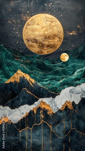 A glowing full moon rises over mystical mountains under a starlit sky in deep...