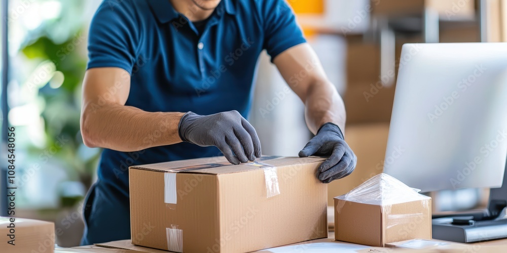 Logistics operator conducting quality control checks on packages in modern warehouse environment focused viewpoint for efficient supply chain management Logistics operator conducting quality control checks on packages in modern warehouse environment focused viewpoint for efficient supply chain management