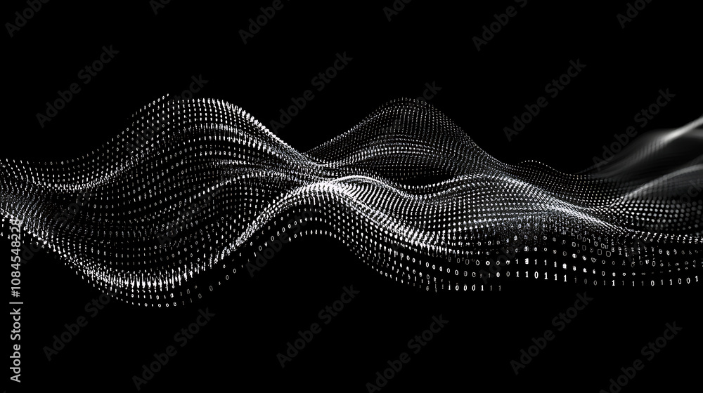 Fototapeta premium A black background with binary code waves, representing the flow of data and technology in digital marketing