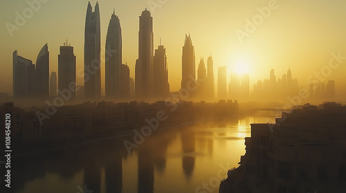 Dubai's city center skyline is shown at sunrise, featuring its luxurious skyscrapers and highlighting the city's architectural splendor photo