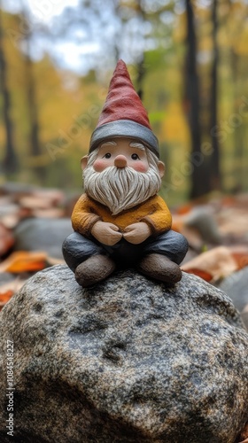 A whimsical gnome statue on a rock surrounded by colorful autumn foliage in a...
