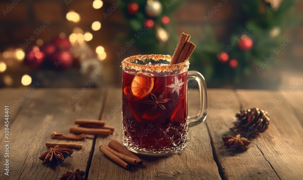 A mug of mulled wine with cinnamon sticks in it A mug of mulled wine with cinnamon sticks in it