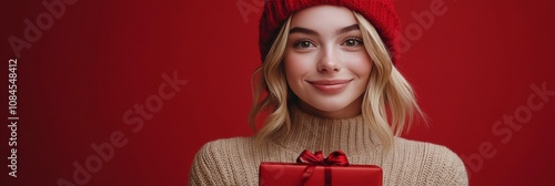 A smiling young woman in a red hat holding a holiday gift against a festive r...