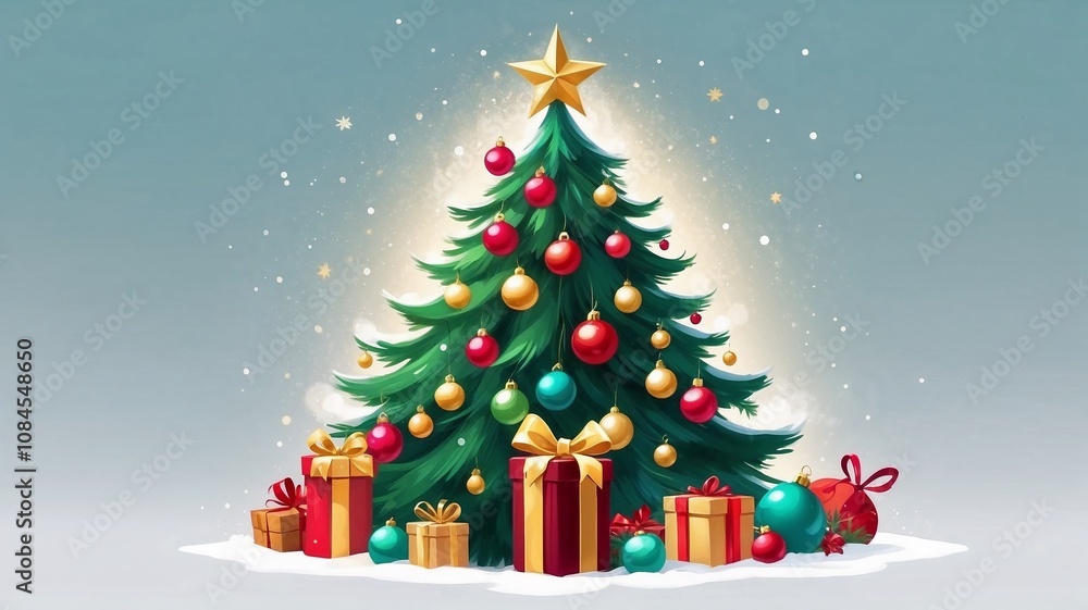 Obraz premium The most enchanting Christmas tree, in the colours of 2025 - vibrant green, luxurious gold and rich wine-burgundy. The tree radiates warmth and festive charm, decorated with ornaments. 