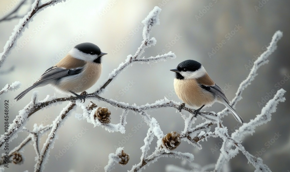 Two birds are sitting on a branch covered in snow Two birds are sitting on a branch covered in snow