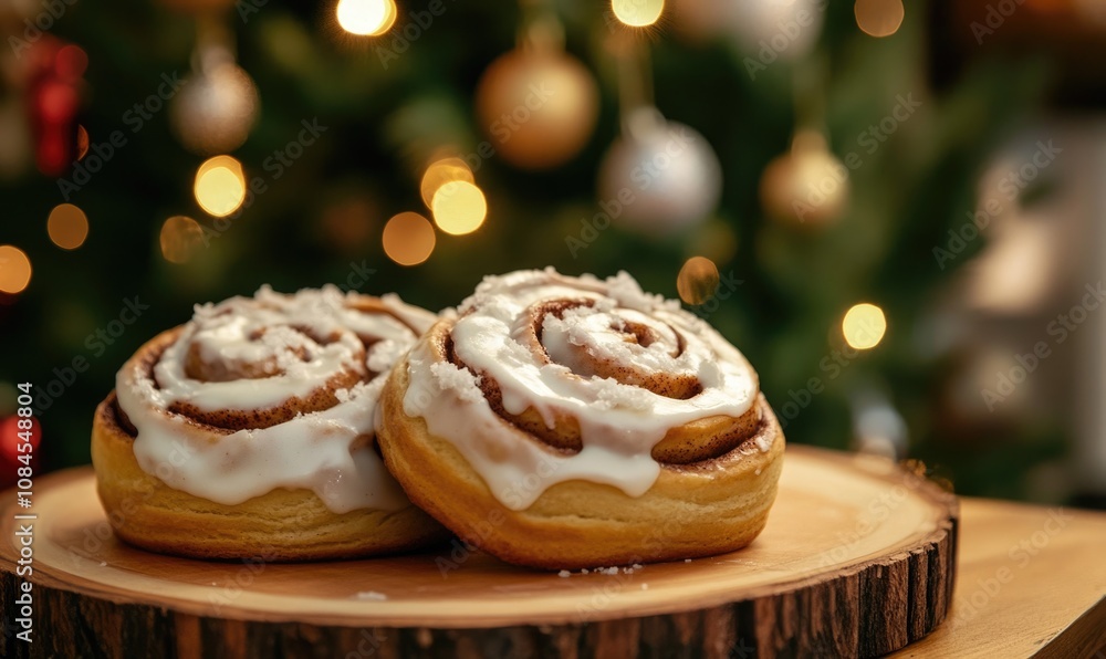 Two cinnamon rolls with icing on a wooden board Two cinnamon rolls with icing on a wooden board