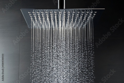 Modern overhead shower with cascading water in a sleek bathroom setting