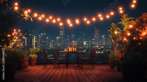 rooftop patio at night, with string lights, plants, and a table with chairs overlooking a city photo