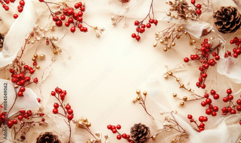 A white background with red berries and pine cones A white background with red berries and pine cones