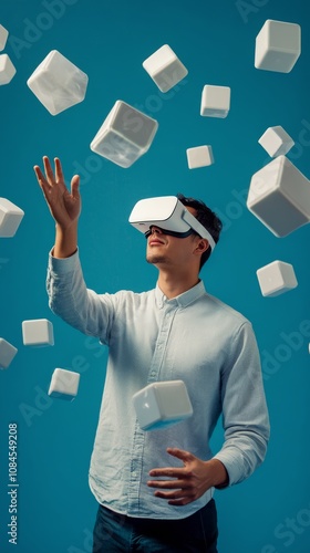 A person engages with virtual reality technology surrounded by glowing geomet...