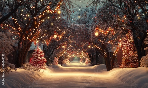 A street with Christmas lights on the trees
