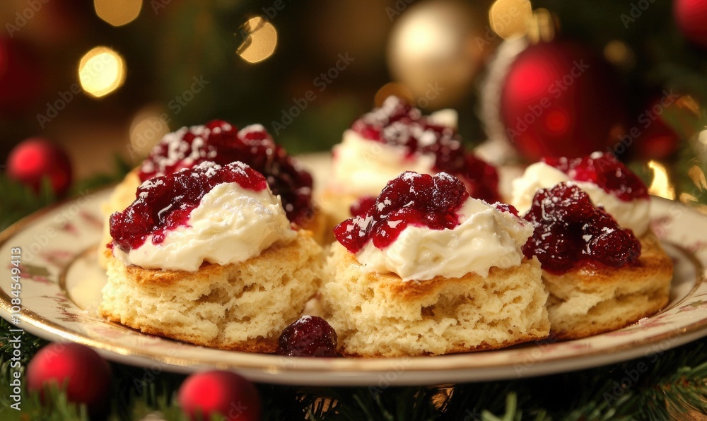 A plate of four small pastries with whipped cream and berries on top A plate of four small pastries with whipped cream and berries on top