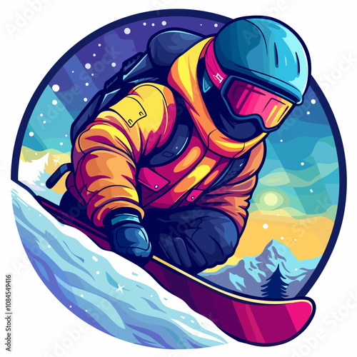 Man is snowboarding down a hill. The image has a fun and adventurous mood, as the man is enjoying his time on the snowboard