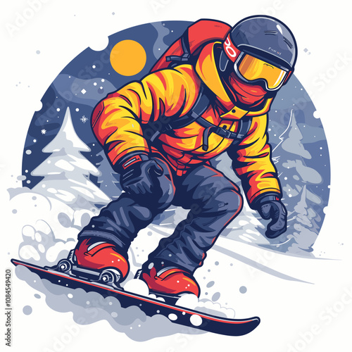 Man in a yellow jacket is snowboarding down a hill. The image has a fun and adventurous mood, as the man is enjoying his time on the snowboard