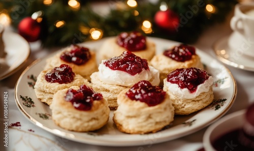 A plate of pastries with a white cream filling and red jam