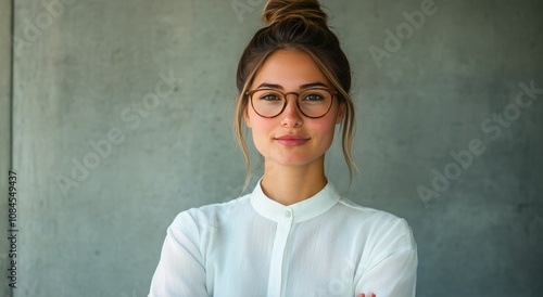 A confident young woman poses with arms crossed in a studio with gray background