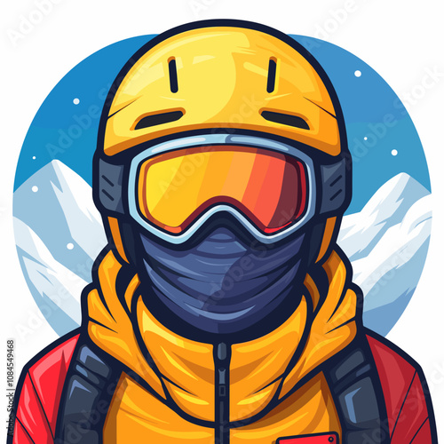 Person in a jacket and goggles is wearing a helmet. The image is of a snowboarder. The man is likely preparing to go snowboarding