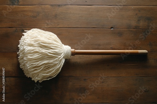 A clean white mop resting on a wooden floor in a sunlit room during the after...