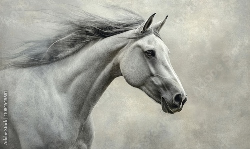 A white horse with a long mane and tail photo