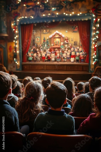 Children watching a festive puppet show during the holiday season in a cozy t...