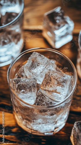 A refreshing glass of whiskey with ice cubes on a rustic wooden table in a co...