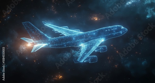 A digital representation of an airplane soaring through a starry space filled...