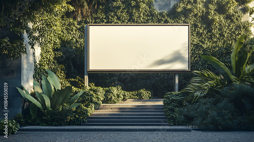 Set against a background of greenery and a stairway, a sizable empty billboard offers a space for digital or printed advertising, standing on a speckled concrete surface