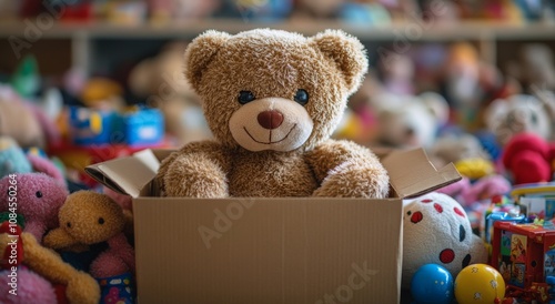 A cozy bear sitting happily in a cardboard box surrounded by colorful toys on...