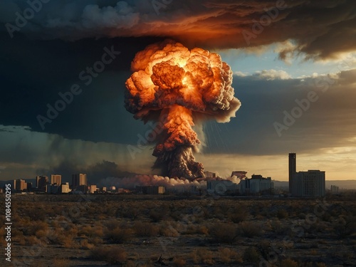 realistic image of a nuclear explosion against a barren landscape, with bright fiery and smoky clouds, set against the backdrop of a crumbling city.
