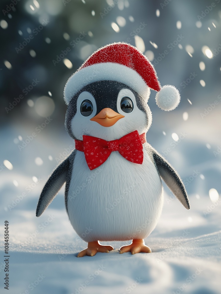 3d cartoon penguin in a red Santa hat on a snow background. for Postcards. for Banners. for Advertising. for Books. 3d cartoon penguin in a red Santa hat on a snow background. for Postcards. for Banners. for Advertising. for Books.