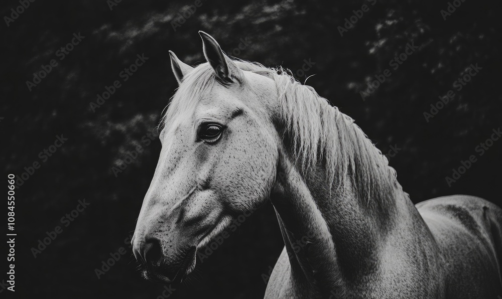 Obraz premium A white horse with a black mane and tail