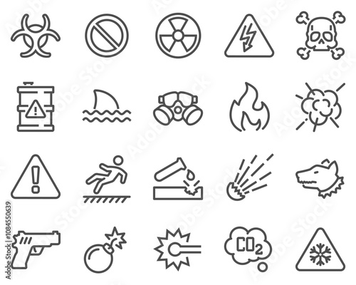 Simple set of warnings Related vector line icons. Contains icons such as toxic, explosive, flammable and more. Editable stroke.