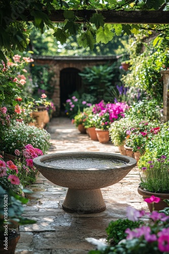 A serene garden path with colorful flowers and a stone birdbath under lush gr...