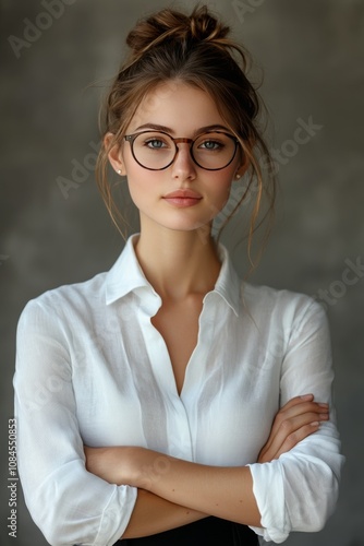 Young woman with glasses posing confidently in a casual white shirt against a...