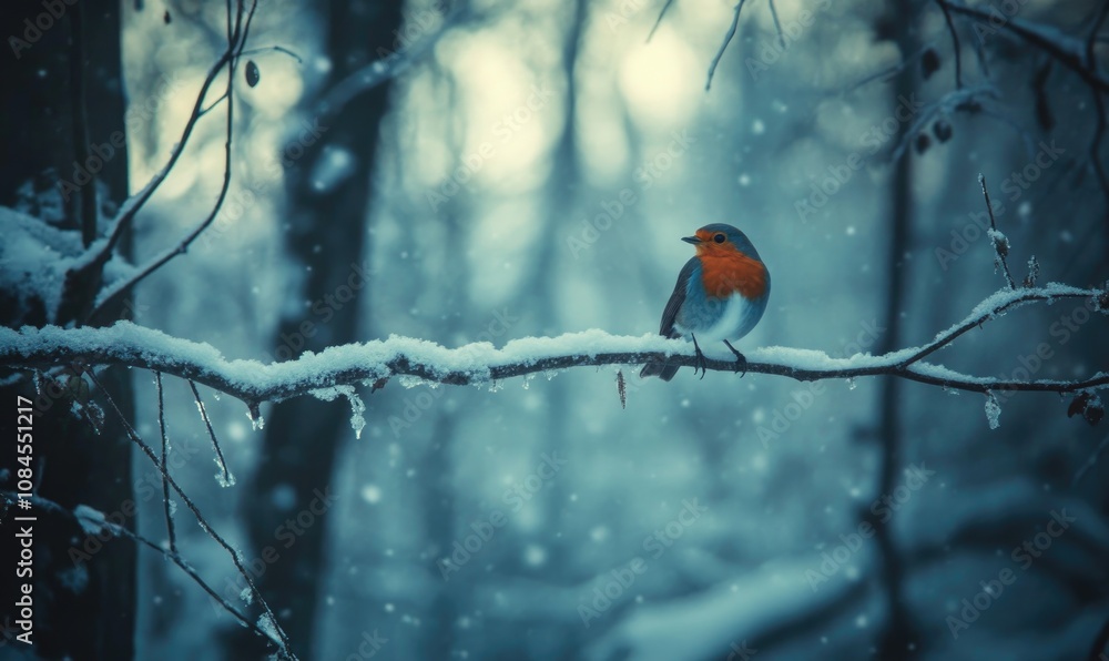 A bird is sitting on a branch covered in snow A bird is sitting on a branch covered in snow