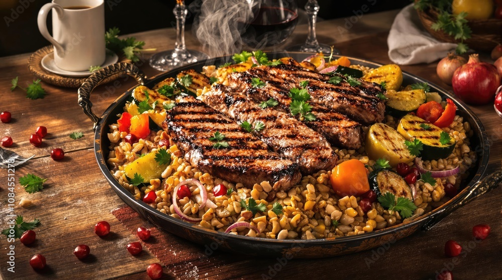 Tandır Kebab With Rice Pilaf And Grilled Vegetables, Turkish Food Menu Photography
Tandır Kebab With Rice Pilaf And Grilled Vegetables, Turkish Food Menu Photography
