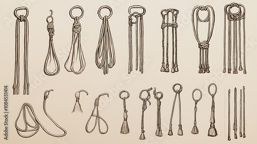 A set of flat sketches showing various drawstring cord designs with aglets, suitable for use in waistbands, bags, shoes, and other garments