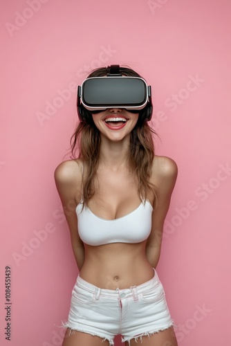 Young woman enjoying virtual reality experience in a playful setting with pin...