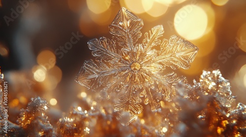 Delicate snowflake resting on a surface of shimmering ice crystals with a war...