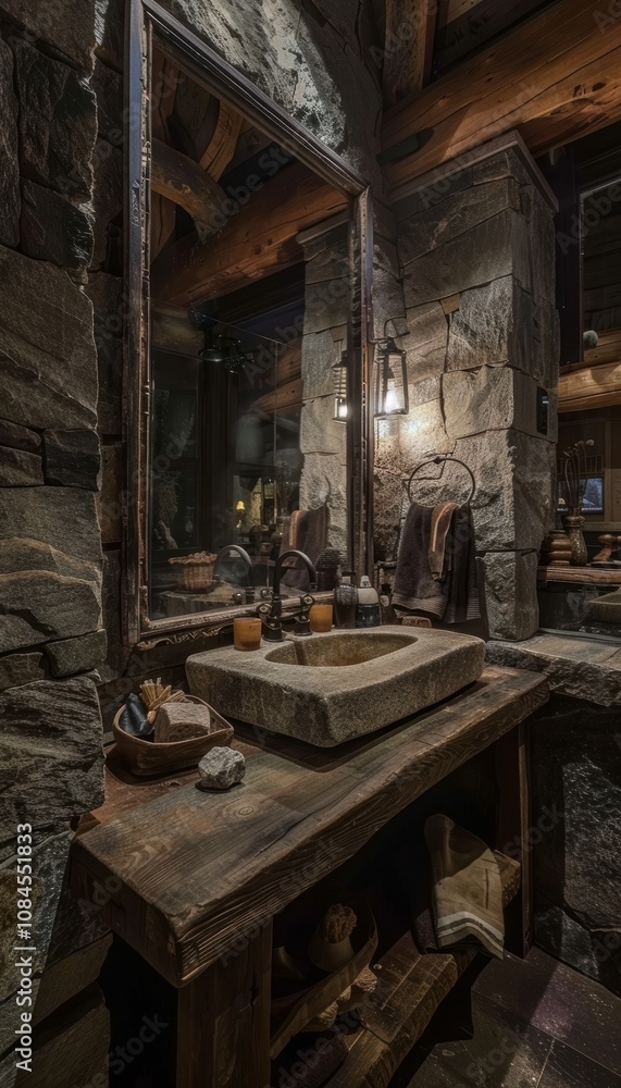 Rustic Bathroom Design with Wooden Vanity and Stone Sink in Warm, Inviting Atmosphere Rustic Bathroom Design with Wooden Vanity and Stone Sink in Warm, Inviting Atmosphere