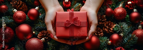 A person holds a red gift box surrounded by festive decorations in a holiday ...