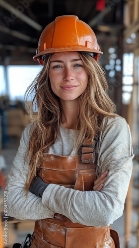 A young woman wearing a yellow hard hat stands confidently in an industrial w...
