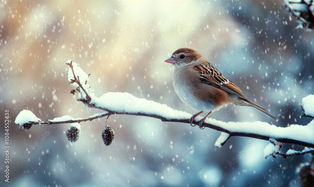 Fototapeta premium A bird is sitting on a branch covered in snow