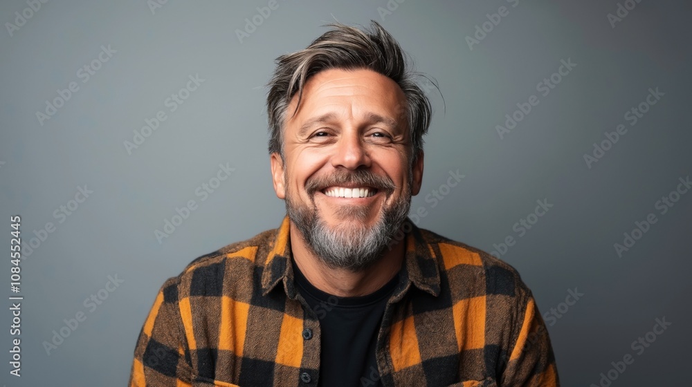 Smiling middle-aged man with gray beard and mustache wearing a checkered orange and black flannel shirt against a neutral gray background. Smiling middle-aged man with gray beard and mustache wearing a checkered orange and black flannel shirt against a neutral gray background.