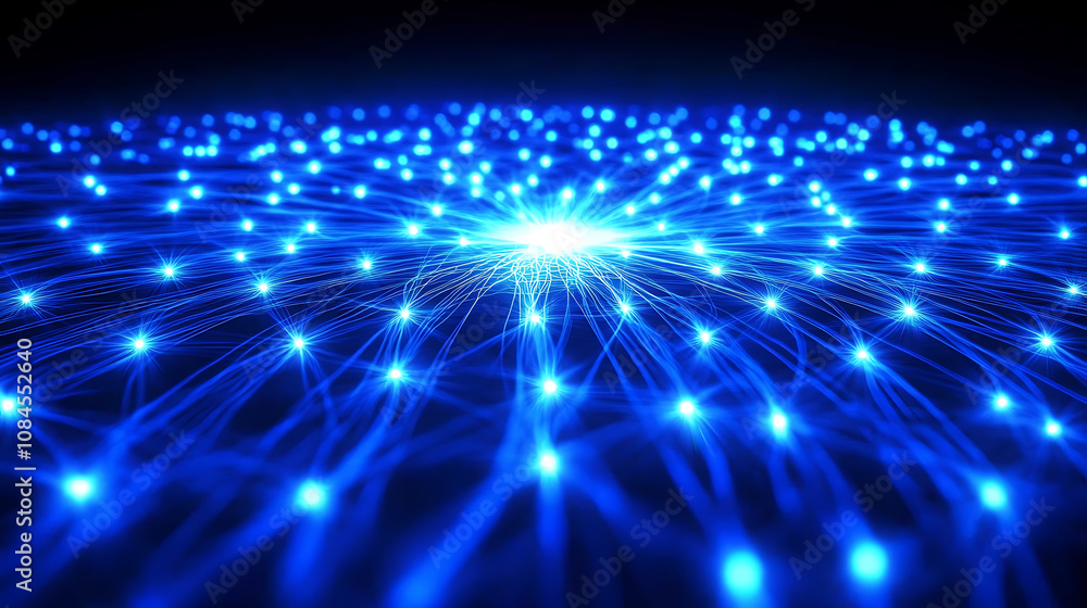 Naklejka premium Abstract background with glowing purple stars and lines on blue gradient background