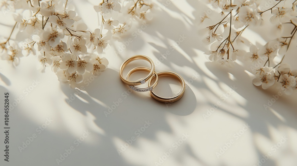 Elegant wedding rings adorned with diamonds and surrounded by delicate white flowers Elegant wedding rings adorned with diamonds and surrounded by delicate white flowers