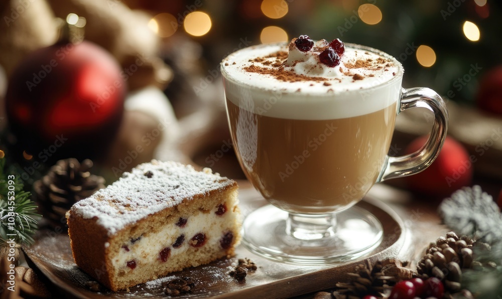 A glass of coffee with whipped cream and a piece of cake on a plate A glass of coffee with whipped cream and a piece of cake on a plate