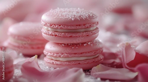 Delicate pink macarons among rose petals in a soft, elegant setting